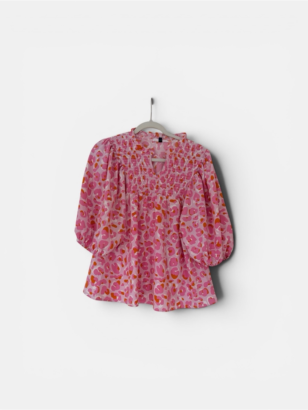 Pink Smocked Puff-Sleeve Blouse with Leopard Print